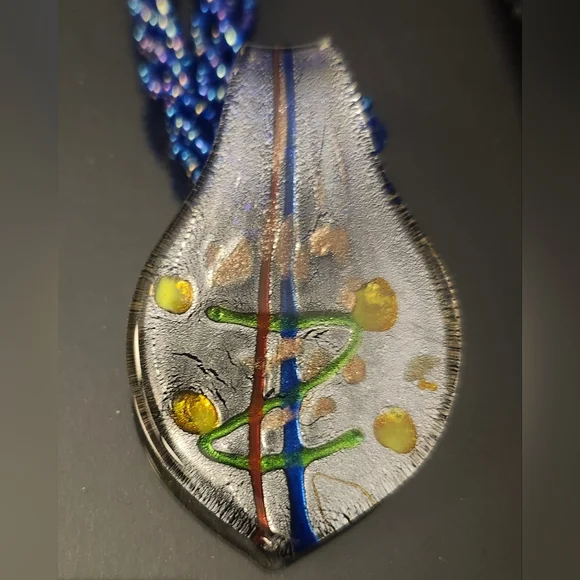 Artisan Crafted Dichroic Glass Pendant On Multistrand Beaded Chain - Picture 2 of 4